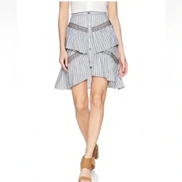 BCBGMAXAZRIA | Bohemian Blue Linen Tiered Ruffle Stripe Button Skirt Size XXS - Picture 4 of 8